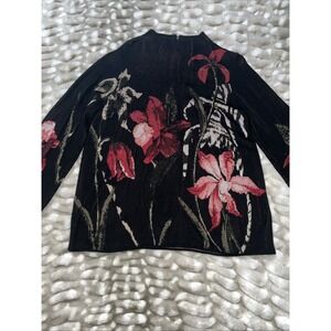 Chico's Jacquard Mock Neck Oversized Black Sweater Bold Lily Print Size Large